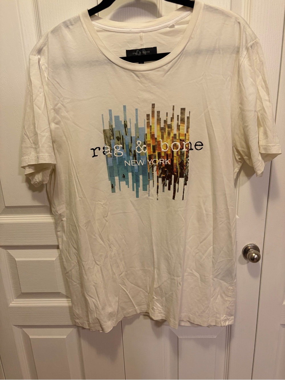 Rag & Bone cream color tee with Blue and Brown Graphic - Large